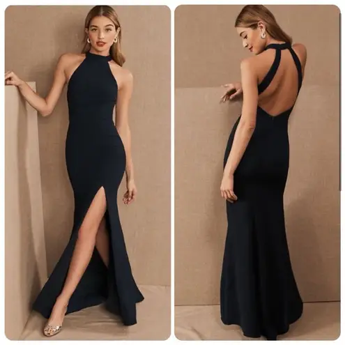 BHLDN Lennox Dress Size 16 Navy Bridesmaid Wedding Halter Side Slit Crepe Gown