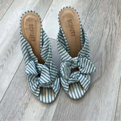 Schutz Striped Bow Open Toe Heels Sandals Blue White (size 8)