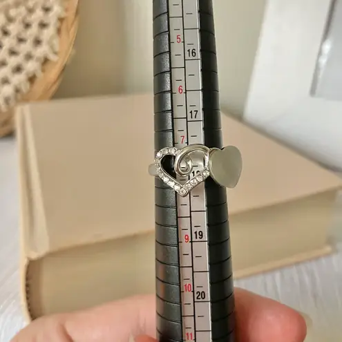 Boutique Double Heart Silver Rhinestone Moonstone Ring Iridescent Opaque Promise Girlhood Jewelry