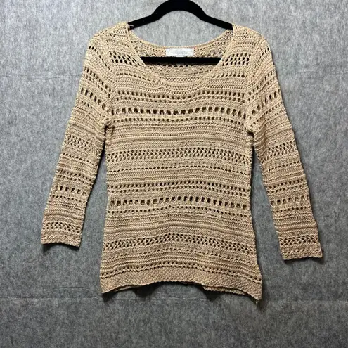 By Design Crochet Top Knit Open Weave Boho Top Beige Medium Sweater Tan