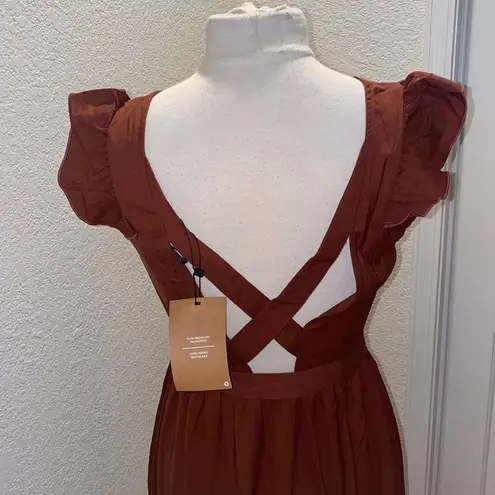 VERO MODA Odette Brown Ruffle Calf Dress NWT Sz M Women’s Polyester Tie Back