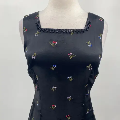 Vintage 90s Satin Mini Dress Embroidered Floral Beaded Squareneck Black Womens 8