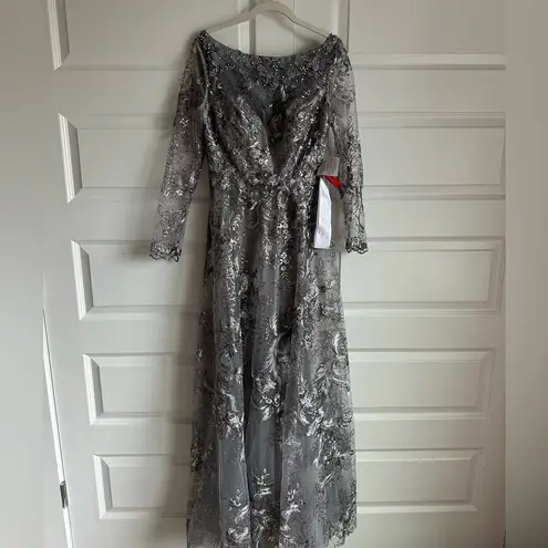 Mac Duggal Floral Embroidered Illusion Long Sleeve Gown Gray Sterling NWT