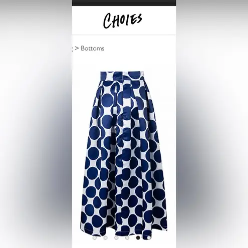 CHOiES White Contrast Polka Dot Print Maxi Skirt W Pockets Pleated Classic Retro