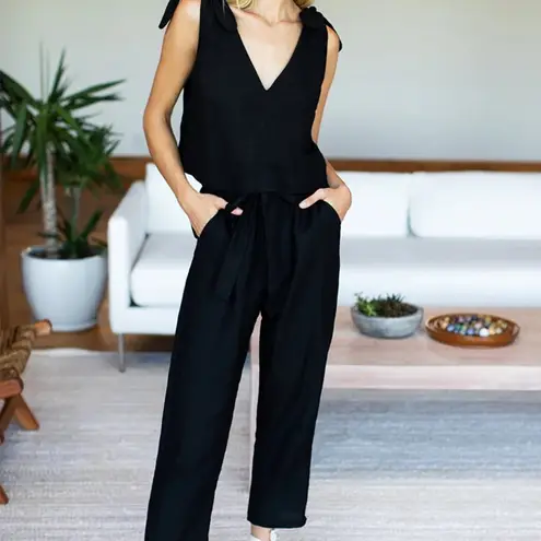 Emerson Fry Linen Blend Tie Shoulder Mod Top Minimalist Tank Blouse Black XS