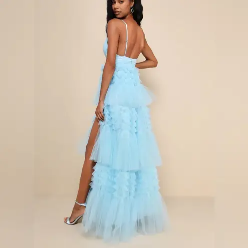 LULU’S Gorgeous Statement Blue Tulle Tiered Ruffled Maxi Dress