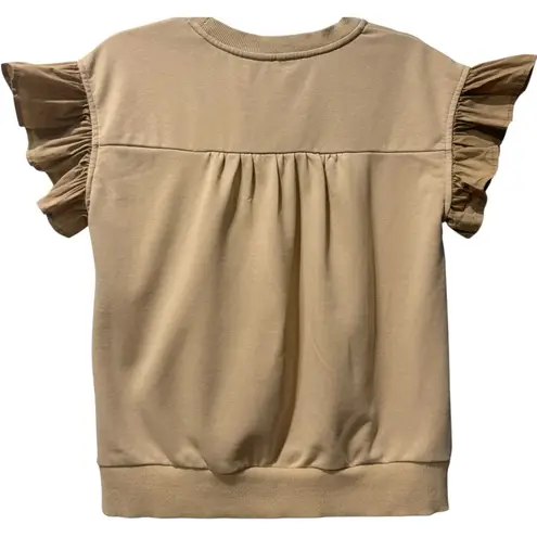 Voy Two Toned Ribbon Bow Ruffle Flutter Sleeve Tan Sweatshirt Whimsical Top S