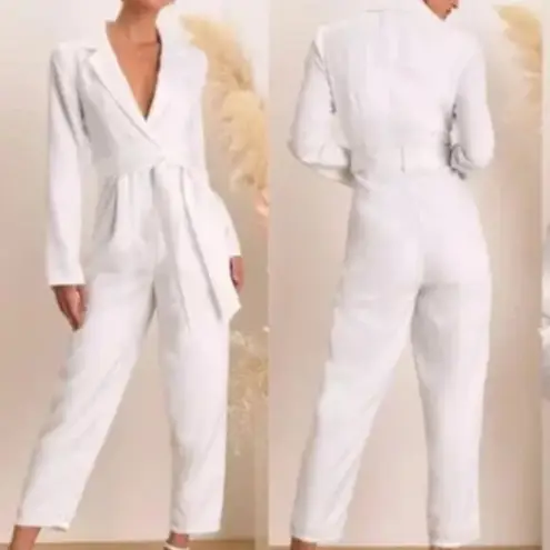 Lulus Upscale Romantic White Floral Jacquard Collared Jumpsuit 33221 Size M