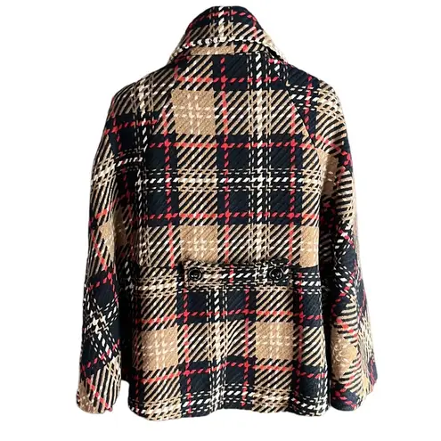 Cejon Brown & Red wool blend Poncho Button Up Collared plaid Cape Size M