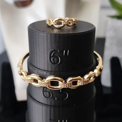 Gold Filled Chain Link Clamper Bangle Bracelet Adjustable Ring Set