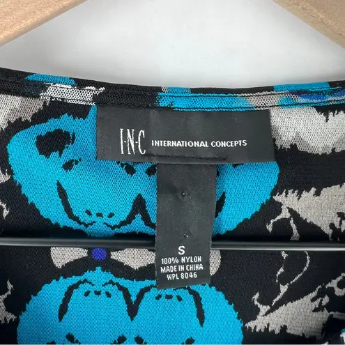 INC Teal Blue Black Sheer Mesh Geometric Print Beaded 3/4 Sleeve Top Size S