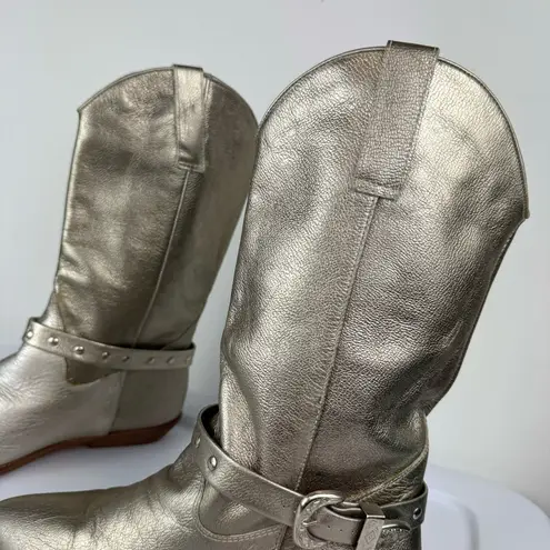 Vtg Y2K 9West Champagne Metallic Western Riding Boots Sz 8 Buckle Cowgirl Silver