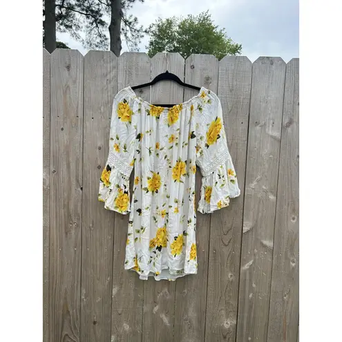 floral Speed Control Womens Dress white yellow Medium Boho Long Sleeve Spring