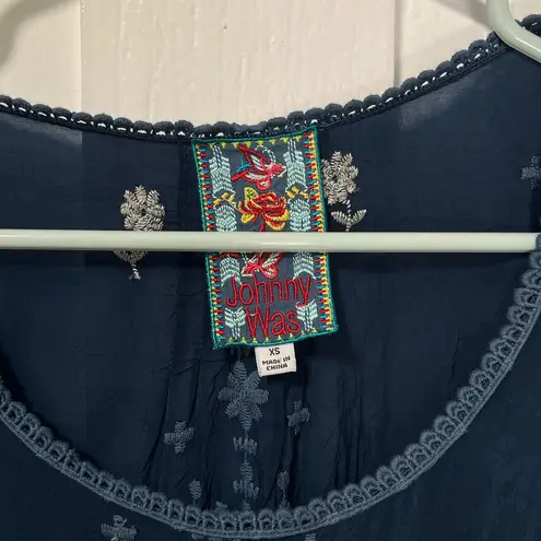 Johnny Was Abella blue embroidered 3/4 sleeves knee length boho dress size XS