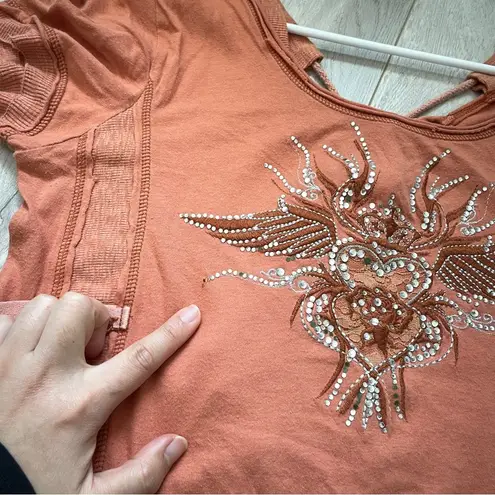 Y2K Grunge Top rhinestone heart wings buckle womens Orange (large) murmur