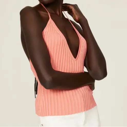 GAUGE81 Moura Plunge Top Women Small Ribbed Knit Halter Coral Viscose‎ Blend Orange