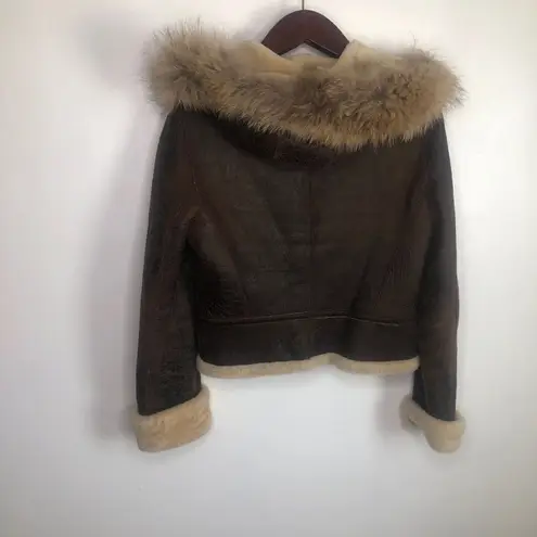 Blue Duck Leather Real Fur Bomber Coat Jacket M Brown Trim Medium