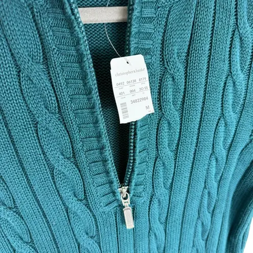 Christopher & Banks  NWT 100% Cotton Teal Cable Knit 1/4 Zip Hooded Sweater Sz M