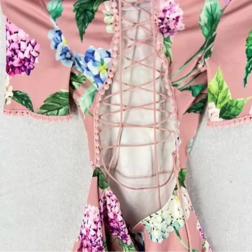 BANJUL Floral Print Mock Neck Lace-Up Back Dress