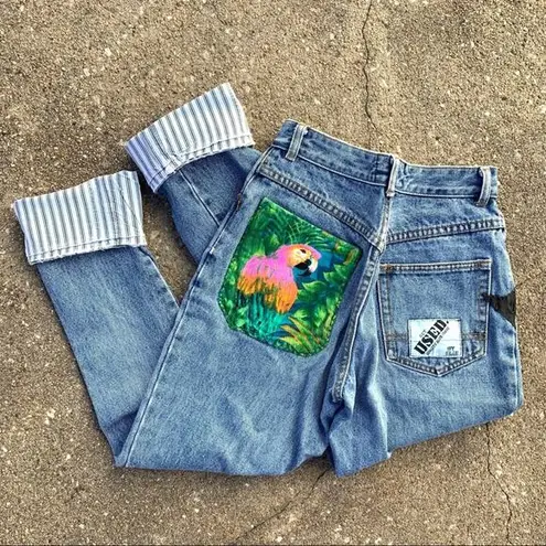 Vintage 80s USED patch distressed taper jeans Blue Size 25