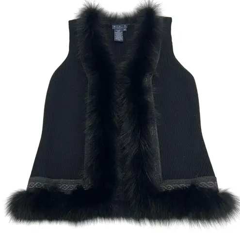 MAG by Magaschoni Black Fox Fur Trimmed Wool Sweater Vest Embroidered Size XS