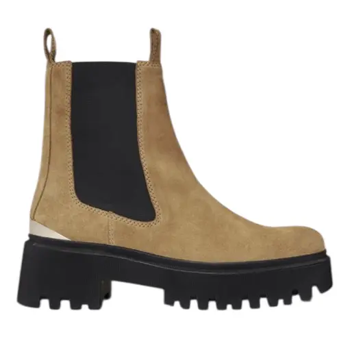 Maje Carmel Suede Platform Chelsea Ankle Boots Gold Metallic Heel Size 7 NWOB