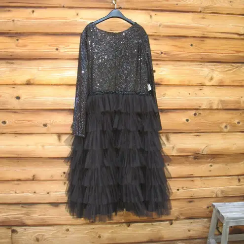 Mac Duggal 26299 Long Sleeve Ruffle Tiered Midi Dress Black 14 Stretch