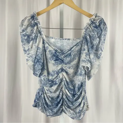 Cottagecore Medium Chic Tree Chinoiserie Art Artsy Print Puff Sleeve Ruched Top Blue