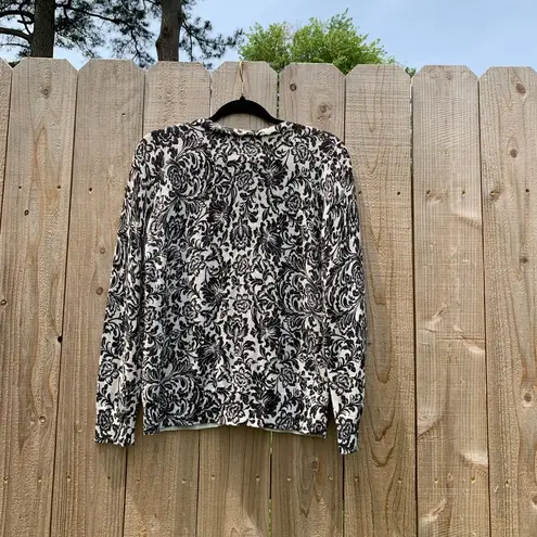 Talbots  medium Black Cream Floral Shimmer Gold Women’s Cardigan Sweater