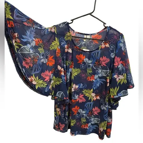 Est. 1946 NWT Tropical Floral Sheer Mesh Ruffle Pom Pom Sleeve Stretch Blouse