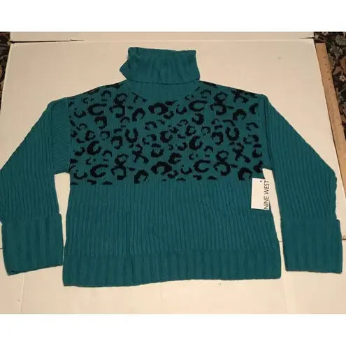 Nine West Sweater Women’s Sz M Teal Cheetah Ribbed Knit Turtleneck Pull Over New