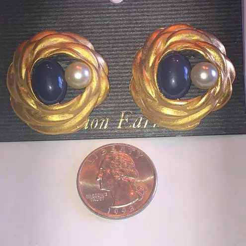 Elegant Vintage Gold Tone and Navy Blue Earrings with Faux Pearl Accent