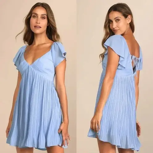 Lulus Amalfi Coast Light Blue Pleated Flutter Sleeve Mini Dress Size XS