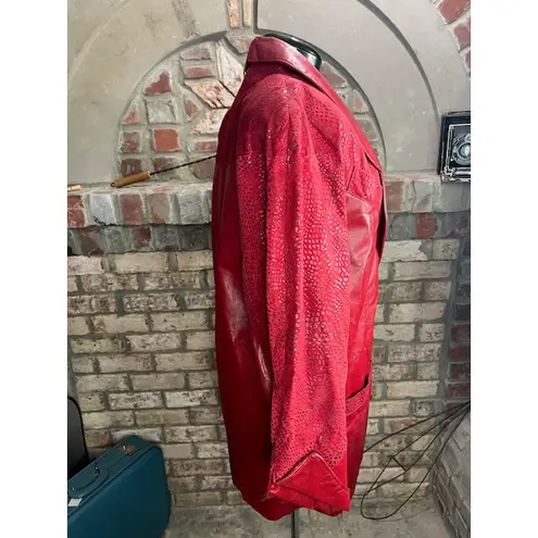 leather Jacket oversized snakeskin suede red shoulder pads Size XL