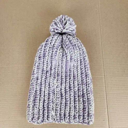 Crochet Handmade Chunky Ribbed Beanie Cream Purple Pompom Warm Hat Cap