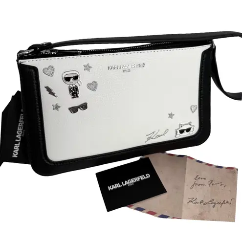 Karl Lagerfeld LEATHER SHOULDER BAG Black & White Handbag Mini Purse 10"x6" NWT!
