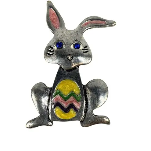Bunny Rabbit Brooch Pendant Colorful Easter Egg Design Blue Rhinestone Eyes Silver