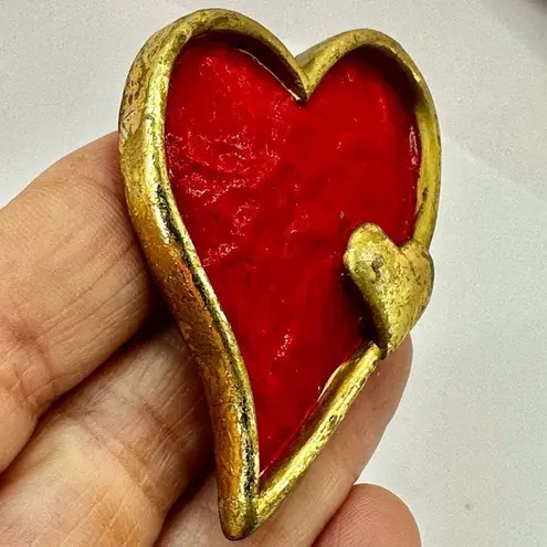 Vintage double heart hand painted pin Red