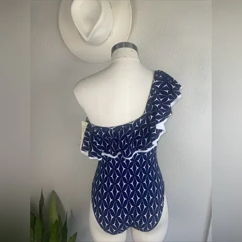NWT Gottex Profile One Shoulder Swimsuit Size 6 Navy White Ruffle Bathin… Blue