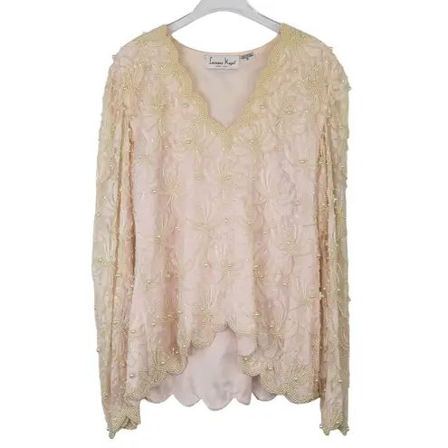 Laurence Kazar 1980s Vintage Pink Pearl Beaded Lace Long Sleeve Blouse Small