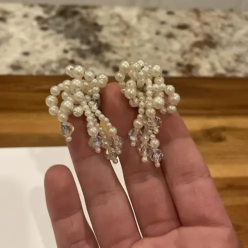 Gorgeous Signed Richelieu Beaded Clip On Crystal / Faux Pearl Earrings