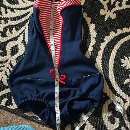 VTG 1960’s One Piece Knit Swimsuit Navy Red Sz 6/8 M Built in Bra Scoop Back Blue