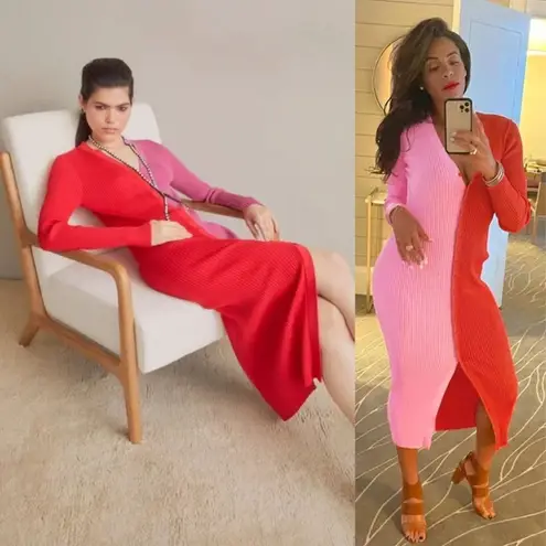 STAUD Shoko Ribbed Cardigan Sweater Dress Colorblock Two Tone Midi Pink Red