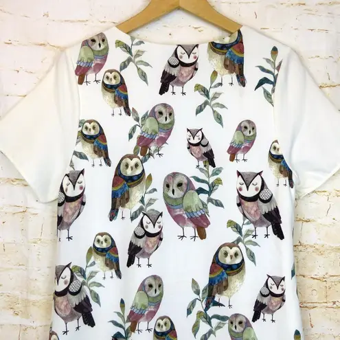 The Moon Owl All Over Print Dress Womens L Off White Short Sleeves Mod Kidcore