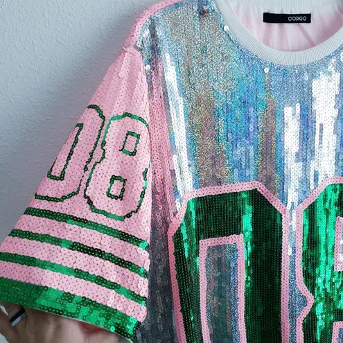 Sequin Jersey Graphic Short Sleeve Shirt Dress Pink Size M