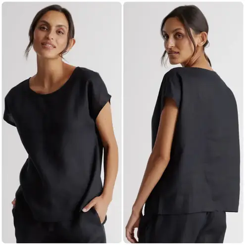 Quince Womens Black 100% European Linen Short Sleeve Relaxed Fit Pajama Top M