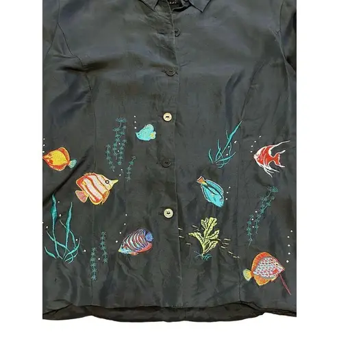 Vintage Silkland Women’s Black Embroidered Fish 100% Silk Jacket Blazer … Size 10