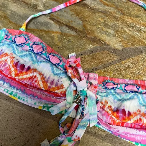 Blue rod beattie colorful tie dye fringe bandeau bikini top size 4 multicolor Pink