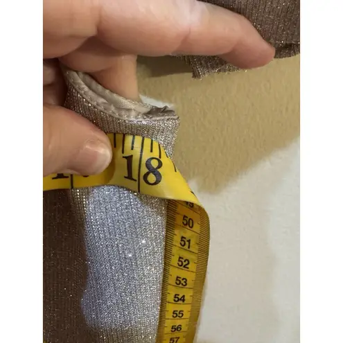 XScape Women's Off the Shoulder Ruffle Metallic Glitter Gown has Pockets size 14