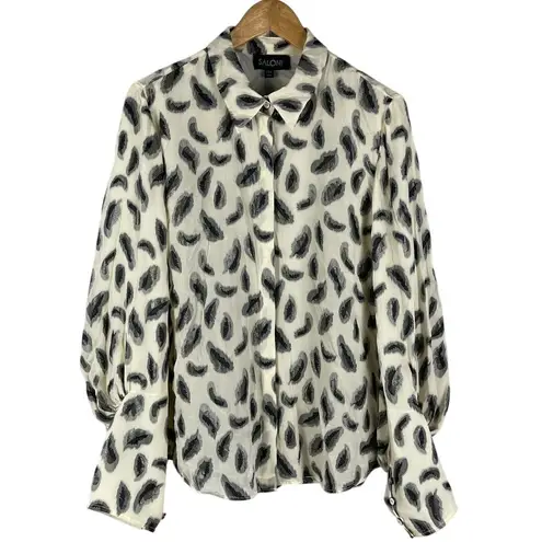 Saloni Silk Jacquard Metallic Feather Button Front Puff Sleeve Blouse Size 10 Black